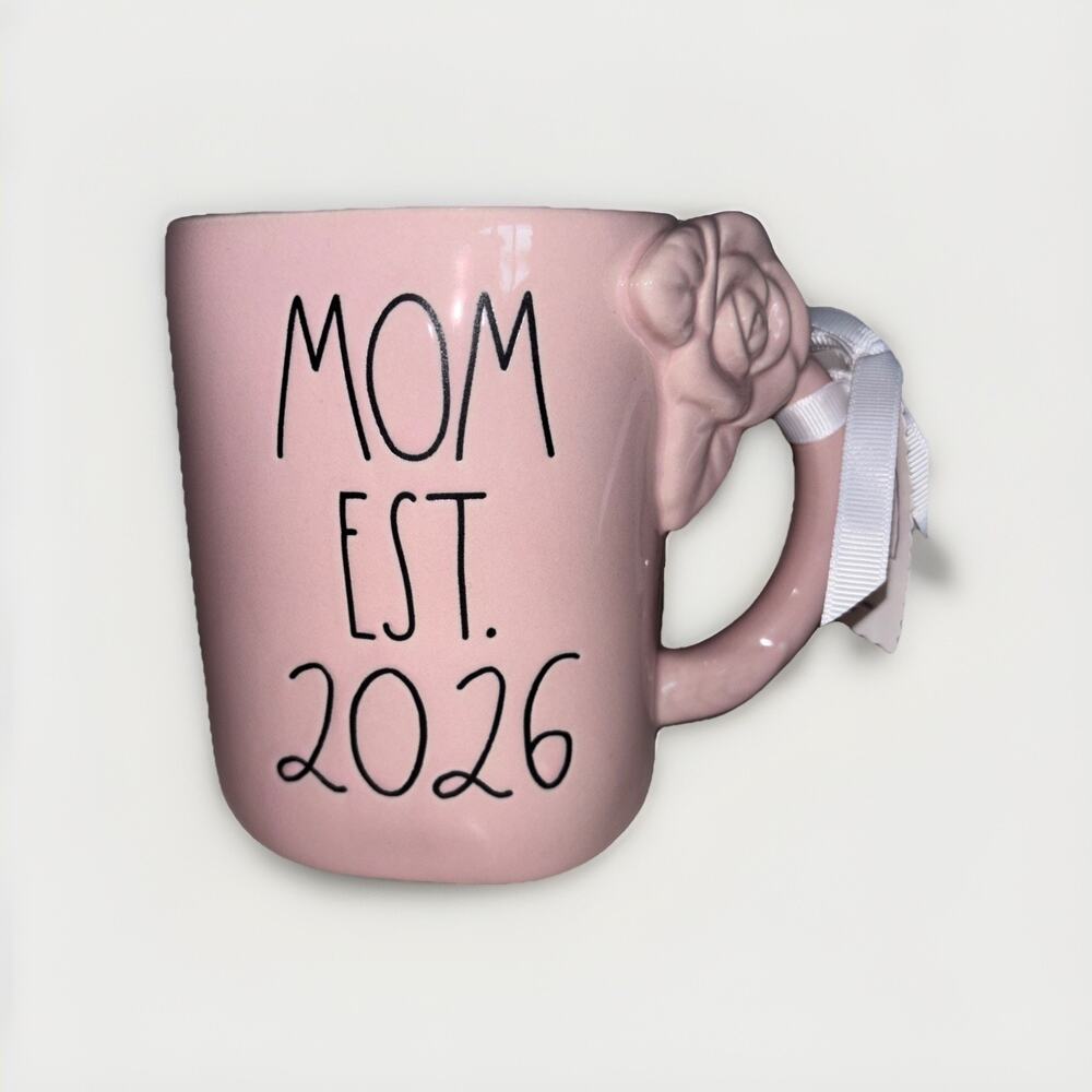 Rae Dunn "Mom EST 2026" Pink Coffee Mug Flower Rose Handle Mother's Day NEW